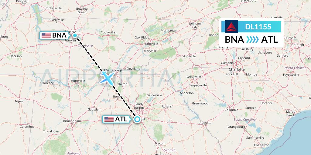 DL1155 Delta Air Lines Flight Map: Nashville to Atlanta