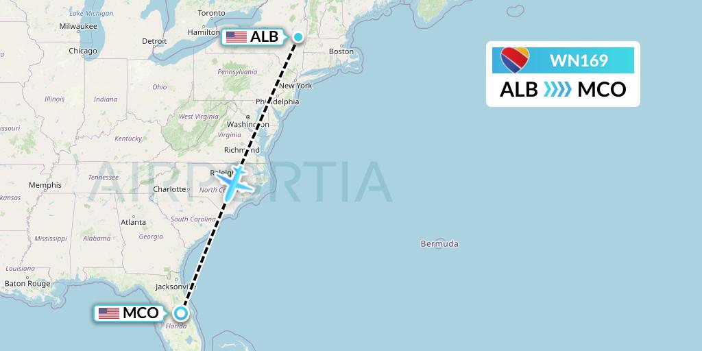 WN169 Southwest Airlines Flight Map: Albany to Orlando