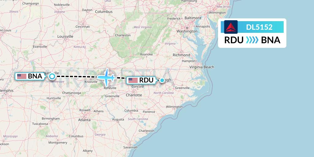 DL5152 Delta Air Lines Flight Map: Raleigh-Durham to Nashville