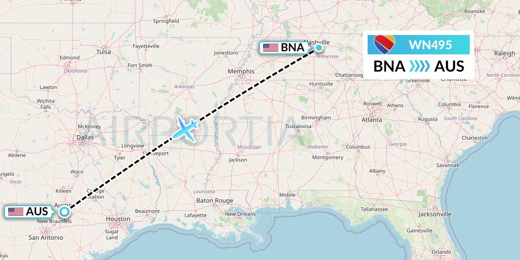WN495 Southwest Airlines Flight Map: Nashville to Austin