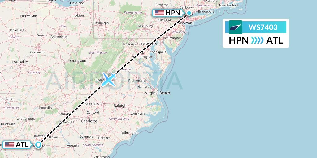 WS7403 WestJet Flight Map: White Plains to Atlanta
