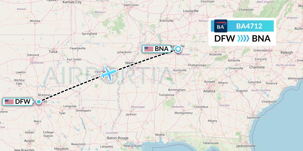 BA4712 British Airways Flight Map: Dallas to Nashville