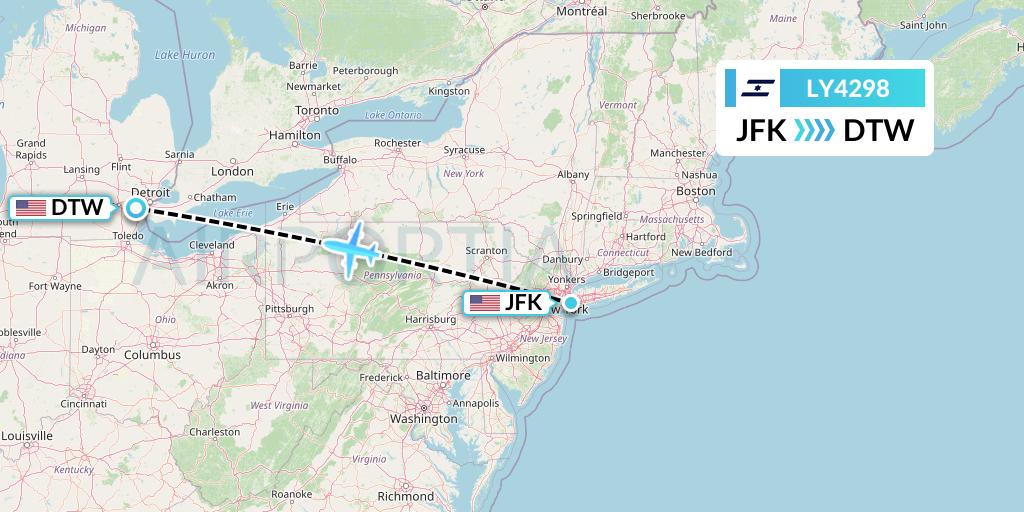 LY4298 El Al Flight Map: New York to Detroit