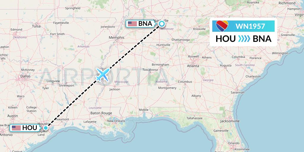 WN1957 Southwest Airlines Flight Map: Houston to Nashville
