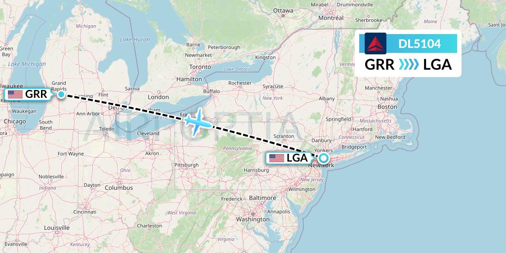 DL5104 Delta Air Lines Flight Map: Grand Rapids to New York