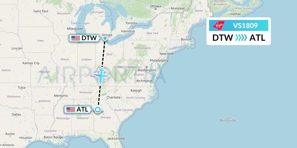VS1809 Virgin Atlantic Airways Flight Map: Detroit to Atlanta