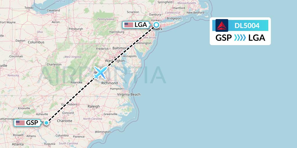 DL5004 Delta Air Lines Flight Map: Greenville-Spartanburg to New York