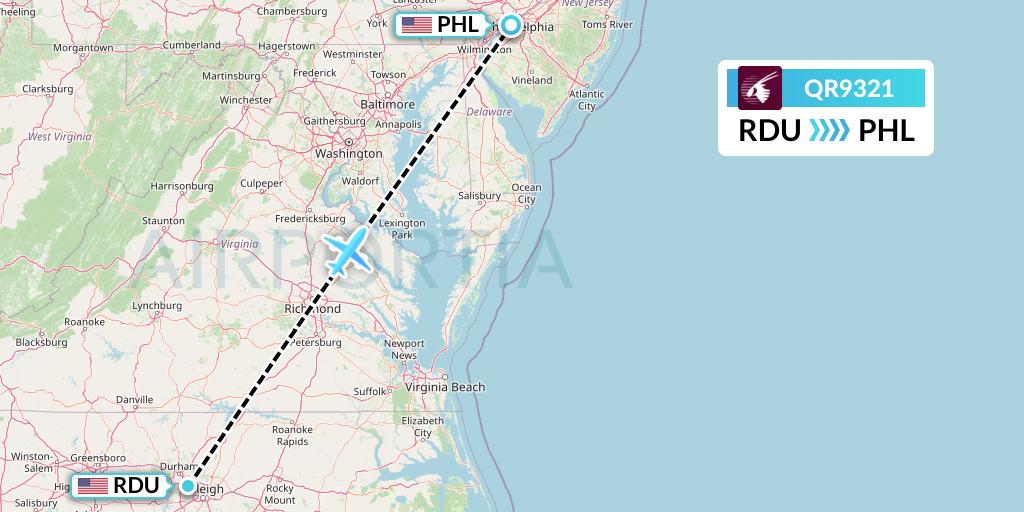 QR9321 Qatar Airways Flight Map: Raleigh-Durham to Philadelphia