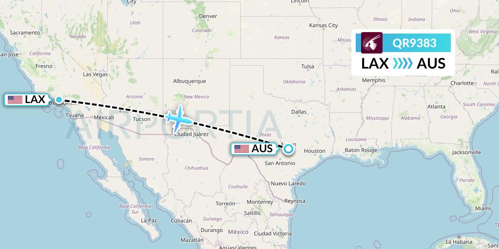 QR9383 Qatar Airways Flight Map: Los Angeles to Austin