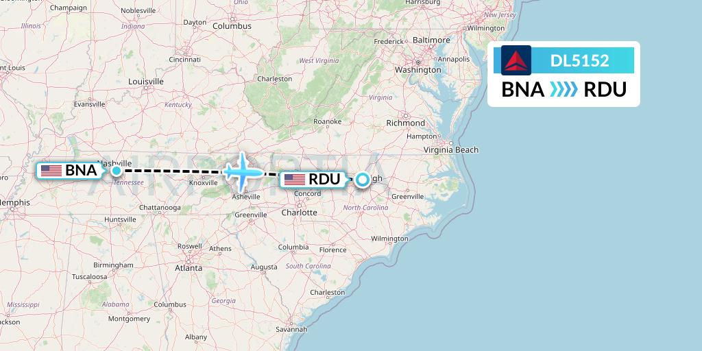 DL5152 Delta Air Lines Flight Map: Nashville to Raleigh-Durham