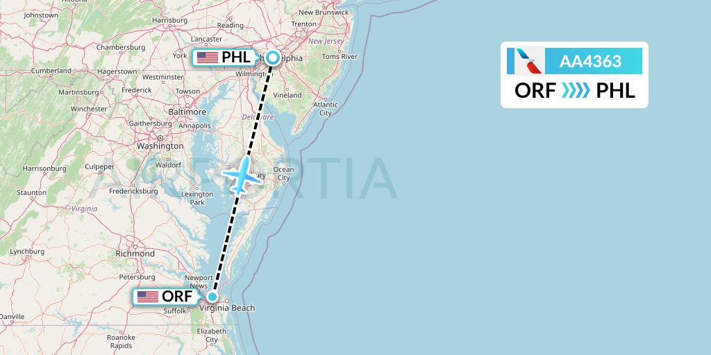 AA4363 American Airlines Flight Map: Norfolk to Philadelphia