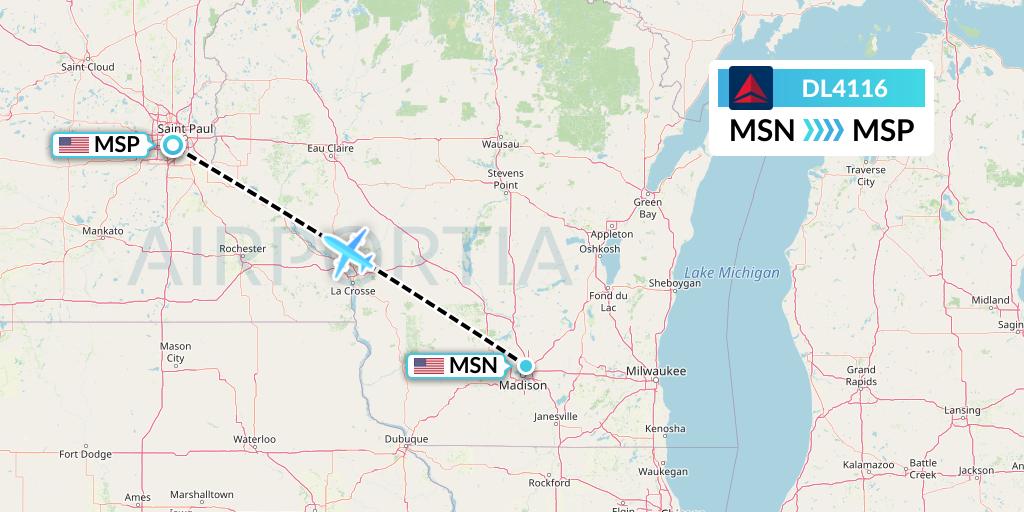 DL4116 Delta Air Lines Flight Map: Madison to Minneapolis