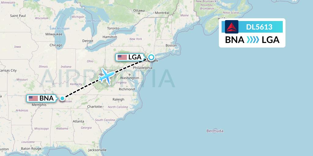 DL5613 Delta Air Lines Flight Map: Nashville to New York