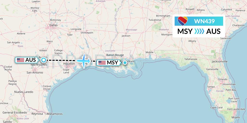 WN439 Southwest Airlines Flight Map: New Orleans to Austin