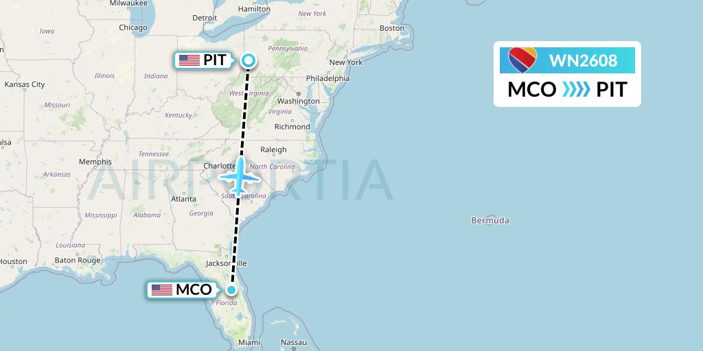 WN2608 Southwest Airlines Flight Map: Orlando to Pittsburgh