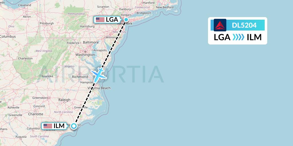 DL5204 Delta Air Lines Flight Map: New York to Wilmington