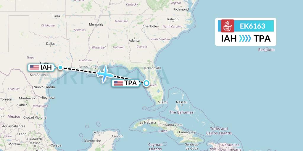 EK6163 Emirates Flight Map: Houston to Tampa