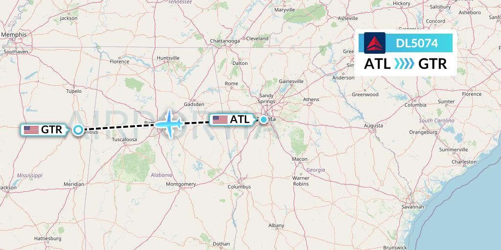 DL5074 Delta Air Lines Flight Map: Atlanta to Golden Triangle