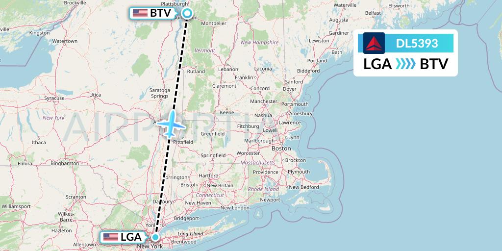 DL5393 Delta Air Lines Flight Map: New York to Burlington