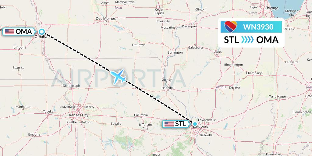 WN3930 Southwest Airlines Flight Map: St. Louis to Omaha