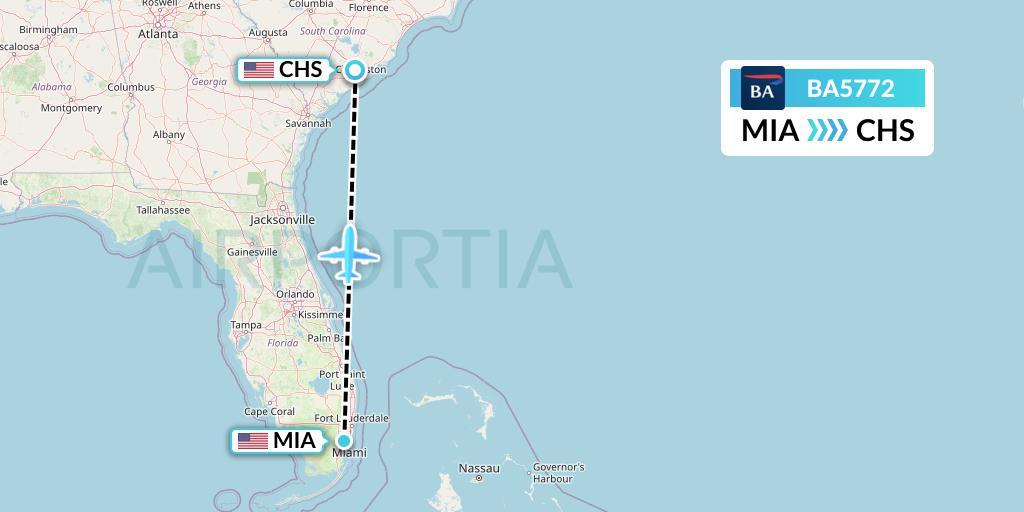 BA5772 British Airways Flight Map: Miami to Charleston