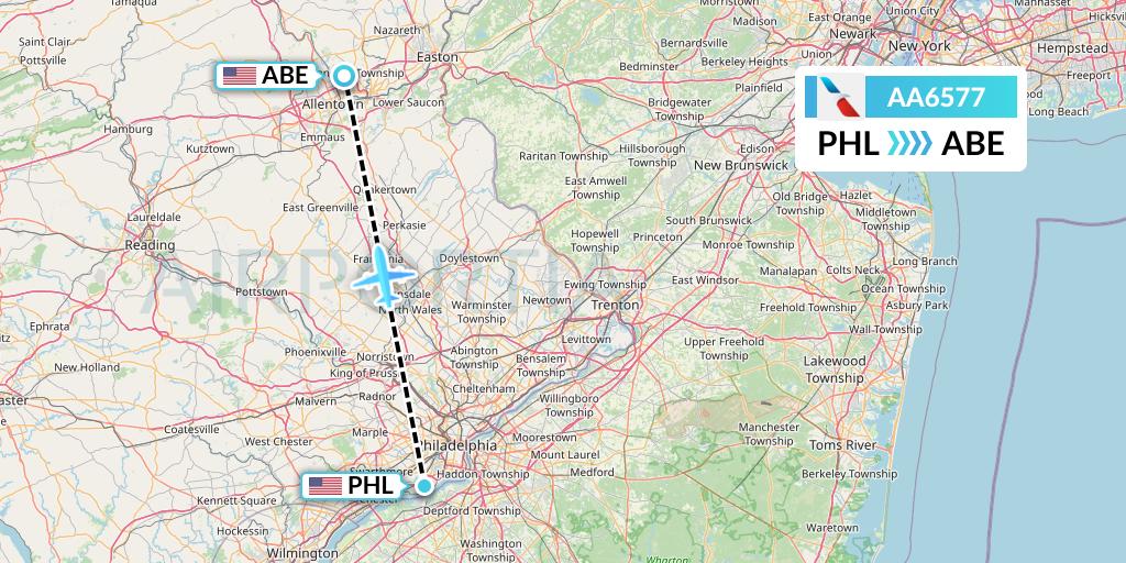 AA6577 American Airlines Flight Map: Philadelphia to Allentown
