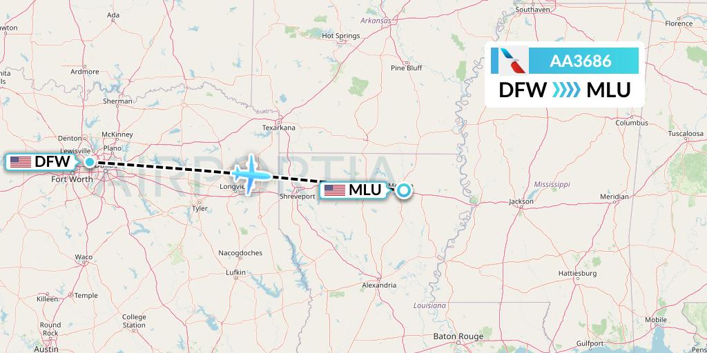 AA3686 American Airlines Flight Map: Dallas to Monroe