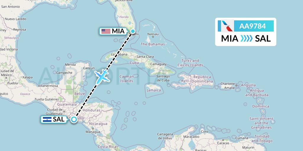 AA9784 American Airlines Flight Map: Miami to San Salvador