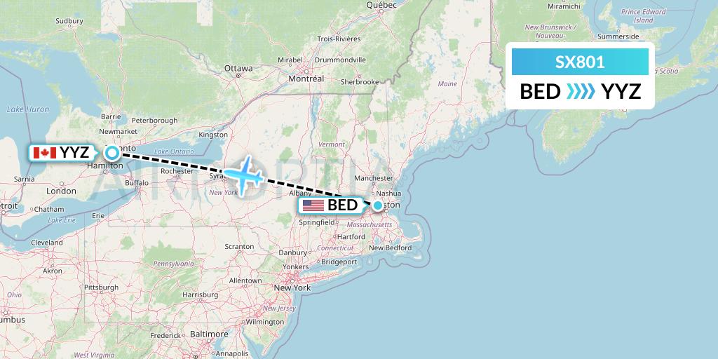 SX801 Flygta Airlines Flight Map: Bedford to Toronto