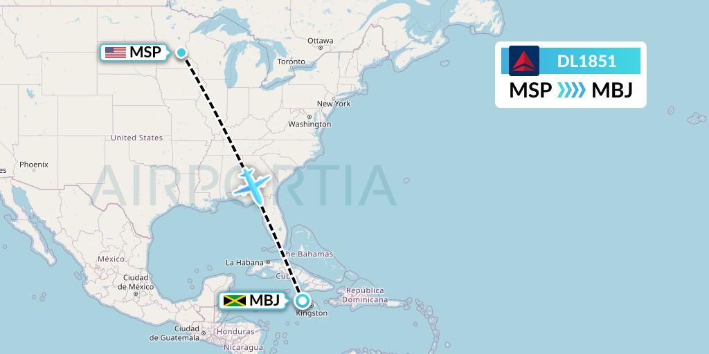 DL1851 Delta Air Lines Flight Map: Minneapolis to Montego Bay