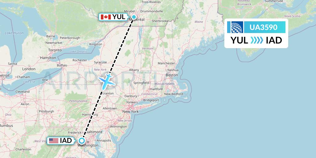 UA3590 United Airlines Flight Map: Montreal to Washington