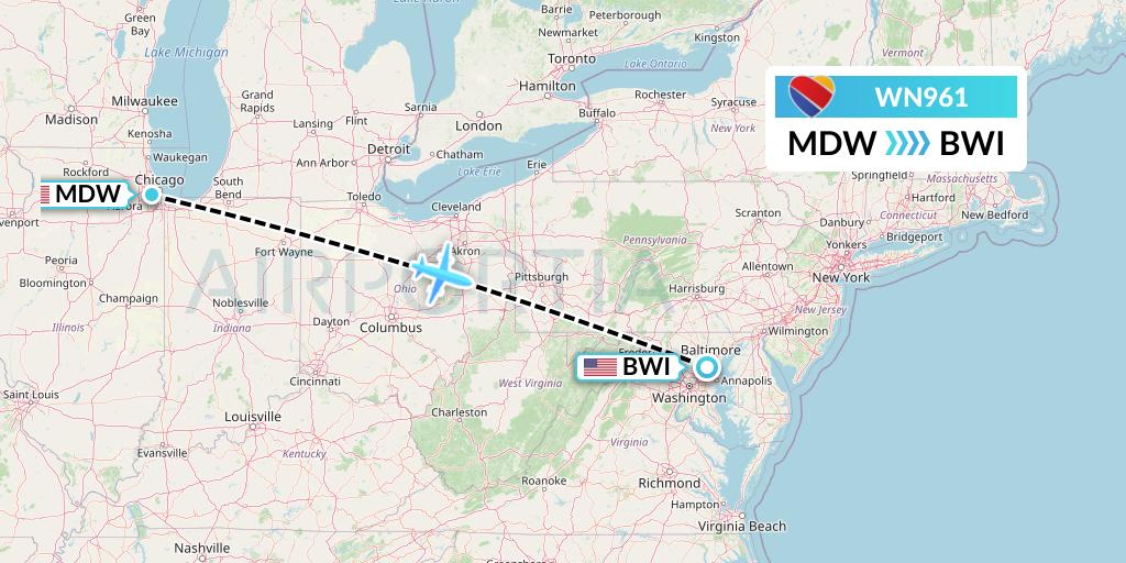 WN961 Southwest Airlines Flight Map: Chicago to Baltimore