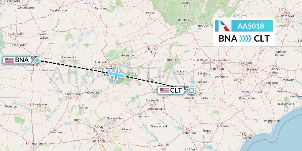 AA5018 American Airlines Flight Map: Nashville to Charlotte