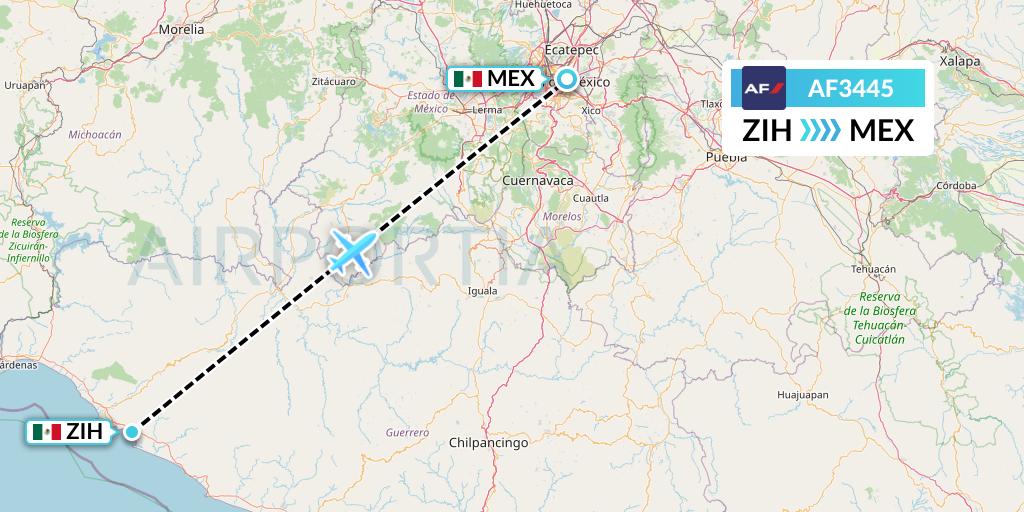 AF3445 Air France Flight Map: Zihuatanejo to Mexico City