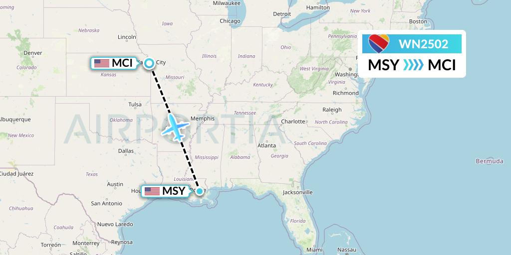 WN2502 Flight Status Southwest Airlines New Orleans to Kansas City