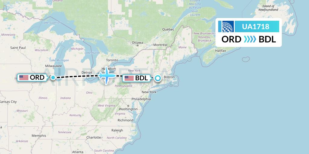 UA1718 United Airlines Flight Map: Chicago to Windsor Locks