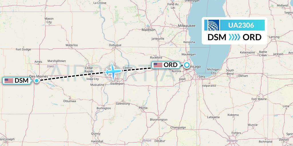 UA2306 United Airlines Flight Map: Des Moines to Chicago