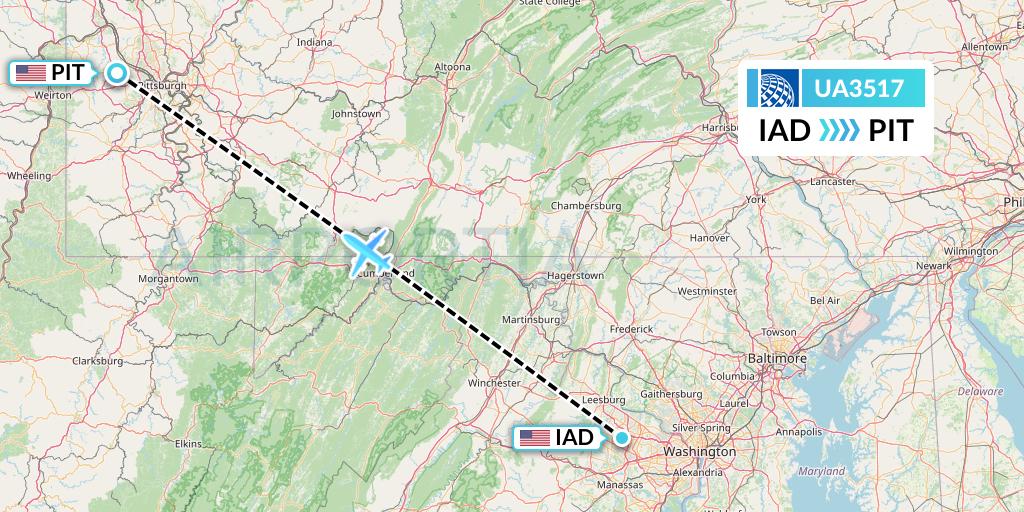 UA3517 United Airlines Flight Map: Washington to Pittsburgh