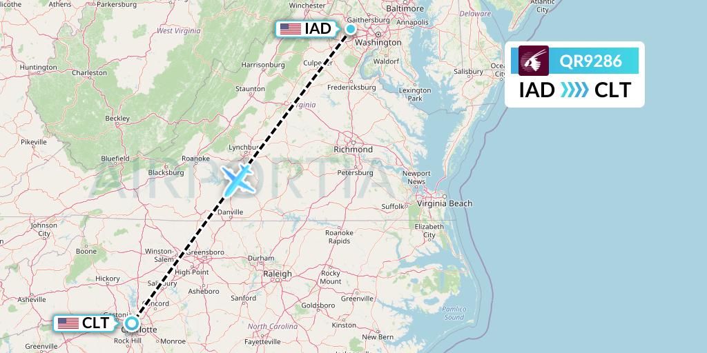 QR9286 Qatar Airways Flight Map: Washington to Charlotte