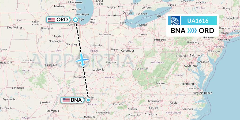 UA1616 United Airlines Flight Map: Nashville to Chicago