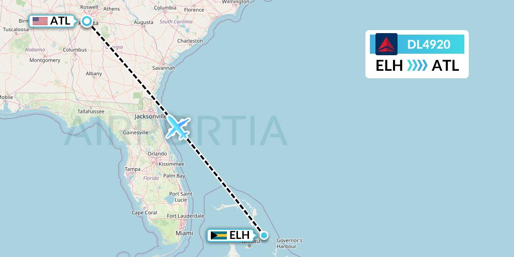 DL4920 Delta Air Lines Flight Map: North Eleuthera to Atlanta