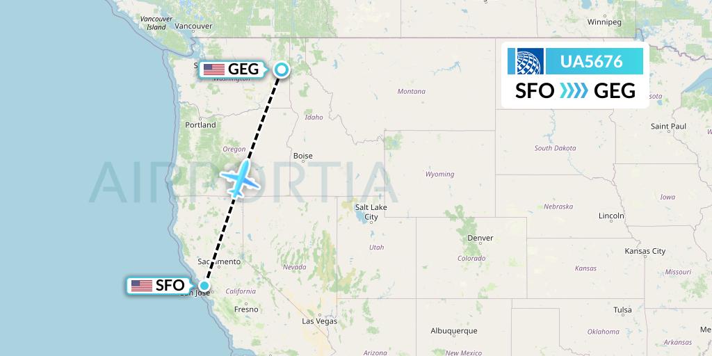 UA5676 United Airlines Flight Map: San Francisco to Spokane
