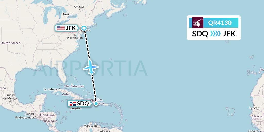 QR4130 Qatar Airways Flight Map: Santo Domingo to New York