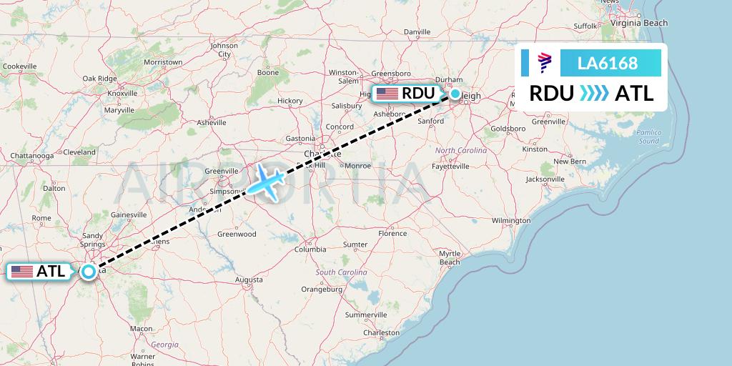 LA6168 LAN Airlines Flight Map: Raleigh-Durham to Atlanta