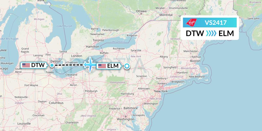 VS2417 Virgin Atlantic Airways Flight Map: Detroit to Elmira