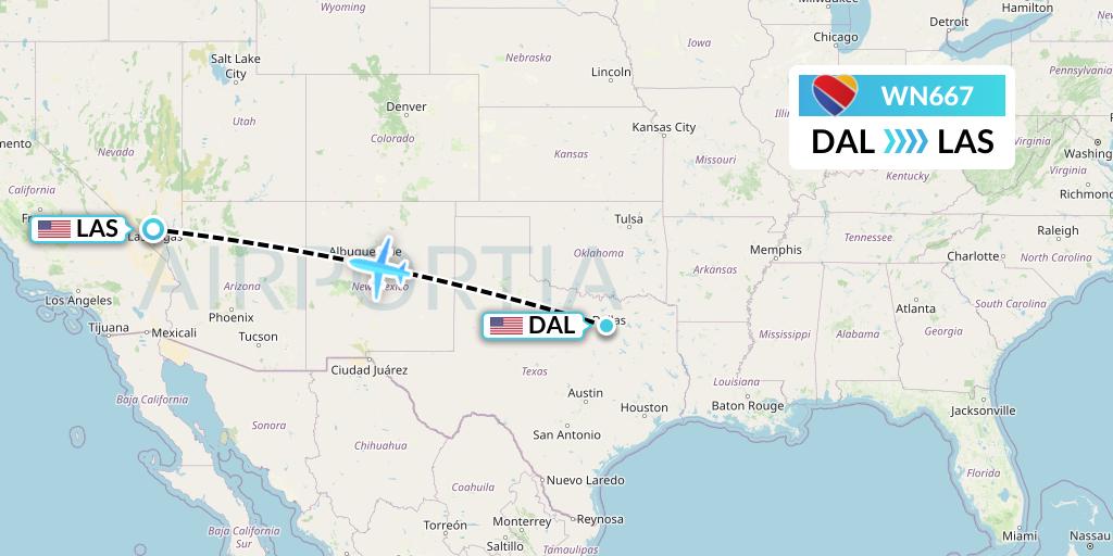WN667 Southwest Airlines Flight Map: Dallas to Las Vegas