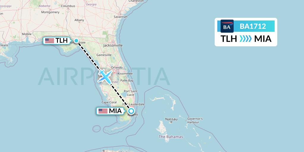 BA1712 British Airways Flight Map: Tallahassee to Miami