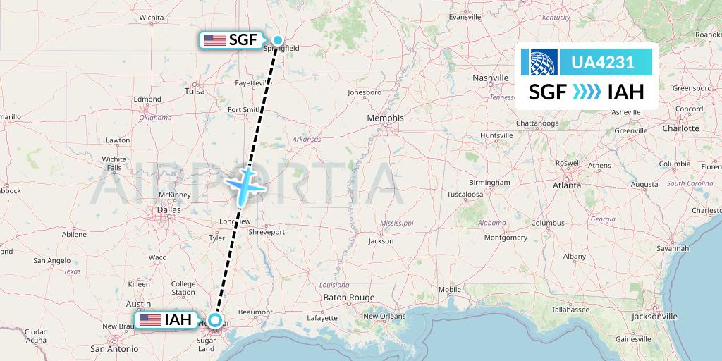 UA4231 United Airlines Flight Map: Springfield to Houston