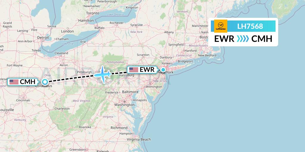 LH7568 Lufthansa Flight Map: New York to Columbus