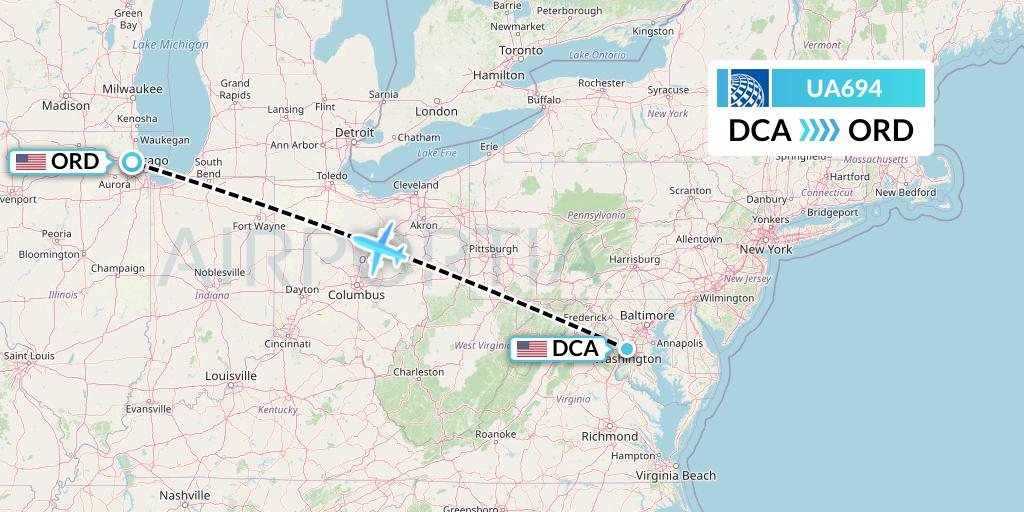 UA694 United Airlines Flight Map: Washington to Chicago